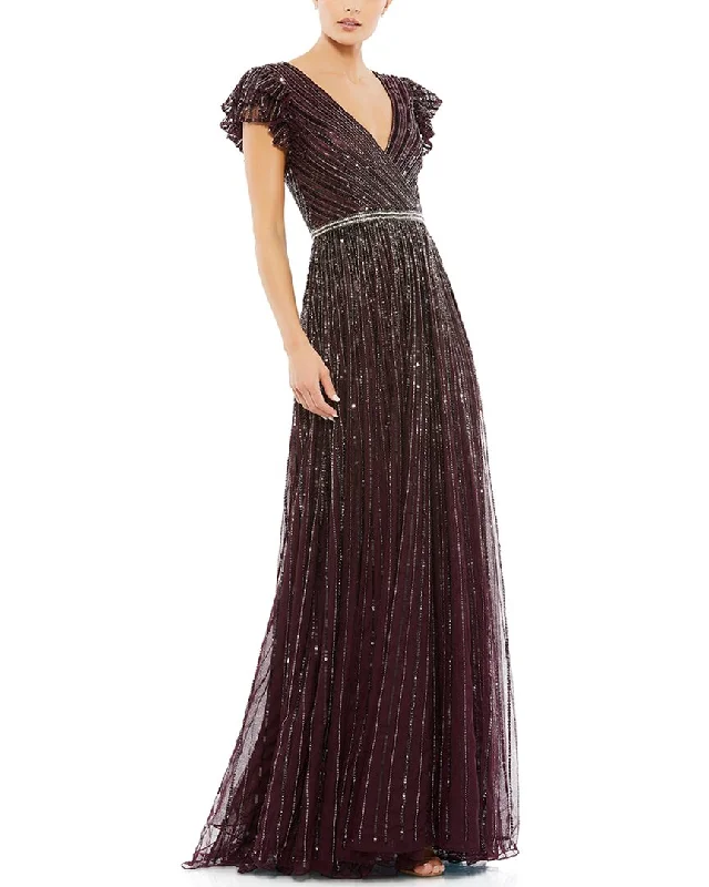 Mac Duggal Sequined Wrap Over Ruffled Cap Sleeve Gown
