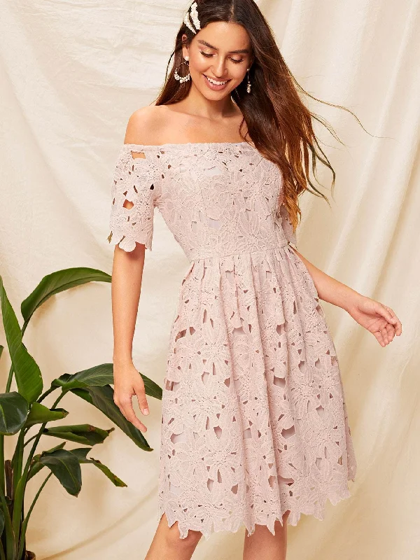 Off Shoulder Fit & Flare Guipure Lace Dress