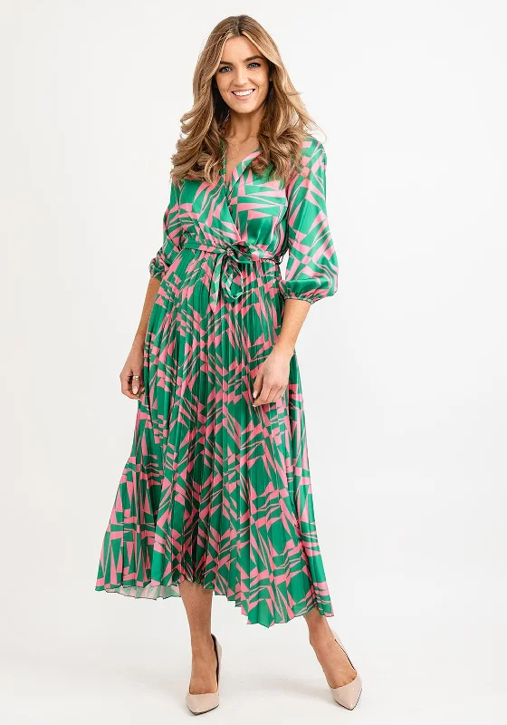 Seventy1 One Size Printed Design Pleated Maxi Dress, Green & Pink