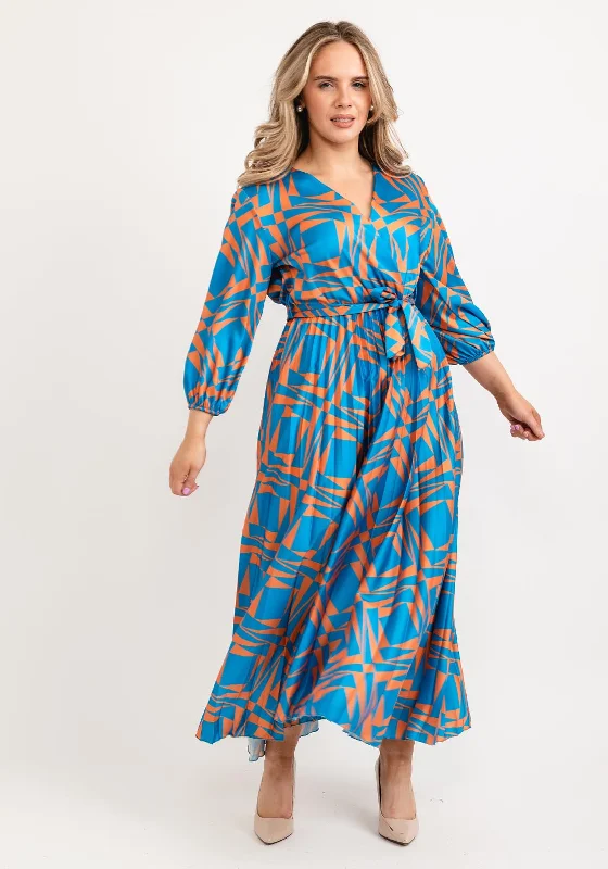 Seventy1 One Size Shape Pleated Maxi Dress, Blue & Orange