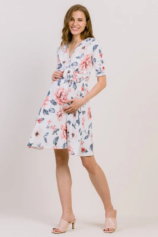 Floral Print Tie Waist  Wrap Maternity Dress