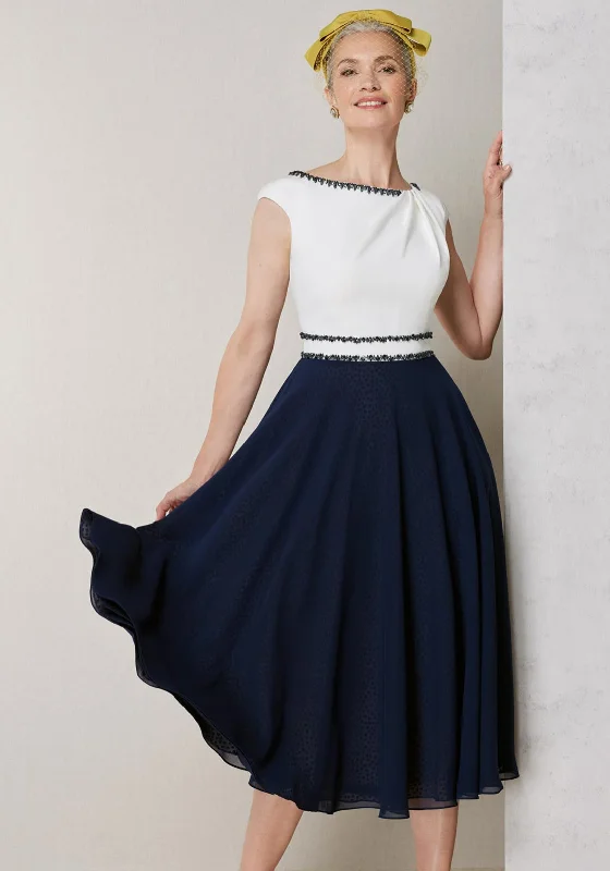 John Charles Bead Detail Chiffon Flare Size UK14 Dress, Navy & White
