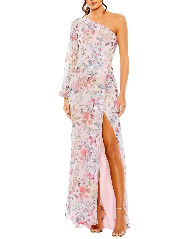 Mac Duggal Sequined Floral Print One-Sleeve Faux Wrap Gown