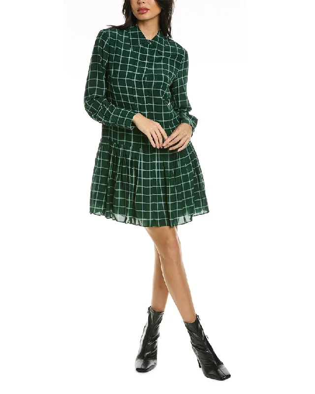 Rebecca Taylor Windowpane Pleated Silk Shirtdress