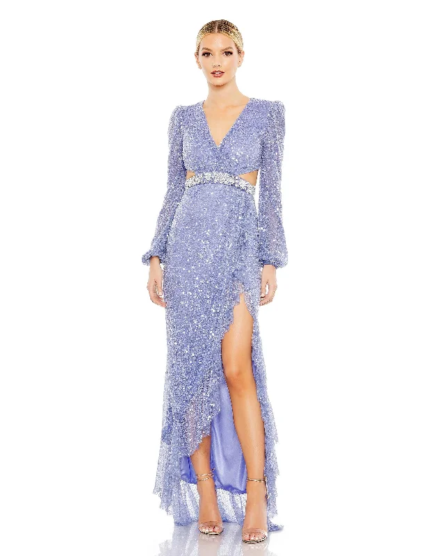 Sequined Faux Wrap Cut Out Puff Sleeve Gown