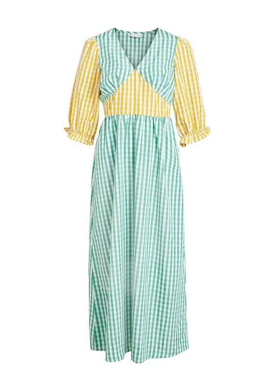 Vila Gingham Print Maxi Dress, Green & Yellow