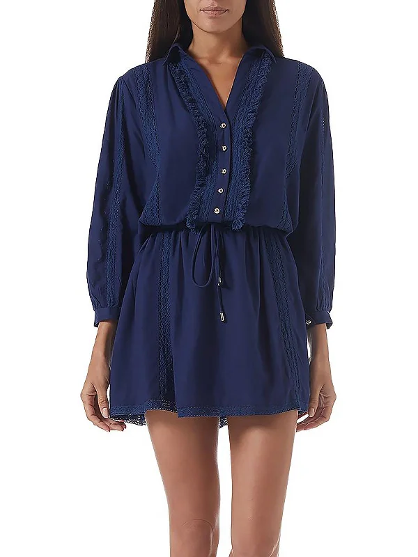 Womens Crochet Trim Mini Shirtdress