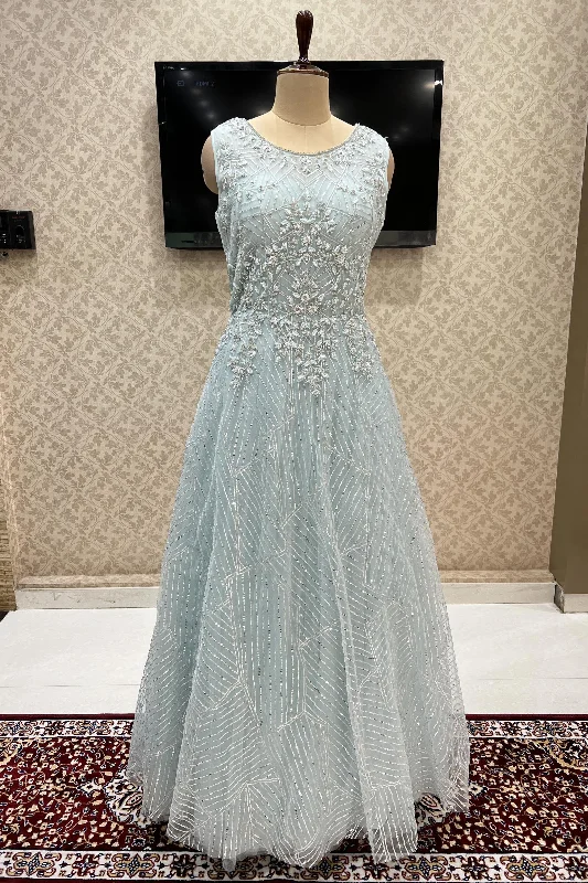 Aqua Blue Sequins, Silver Zari, Beads and Stone work Bridal and Partywear Gown