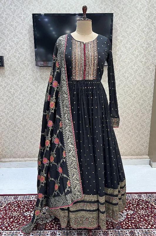 Black Banaras, Sequins, Mirror, Zardozi, Beads and Thread work Floor Length Anarkali Suit