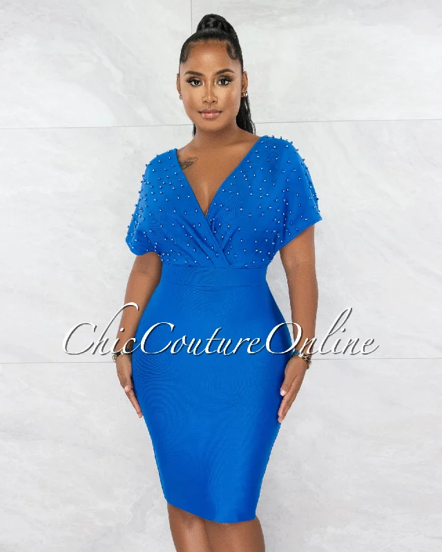 Bordan Royal Blue Pearl Top Bandage Midi Dress