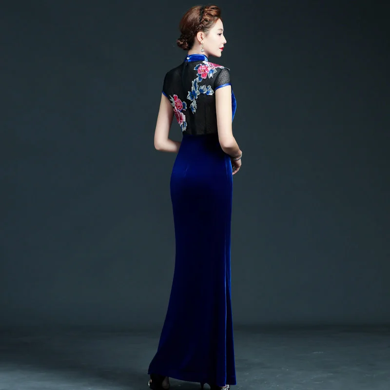 Cap Sleeve Open Front Mermaid Cheongsam Velvet Chinese Prom Dress