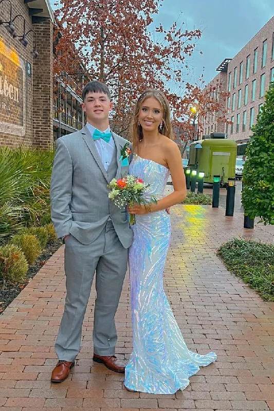 Charming Mermaid One Shoulder White Sequins Long Prom Dresses gh2803