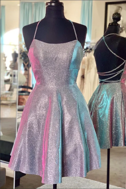 Cute Sparkly Gray A-line Spaghetti Straps Homecoming Dress, Cocktail Dresses gh846