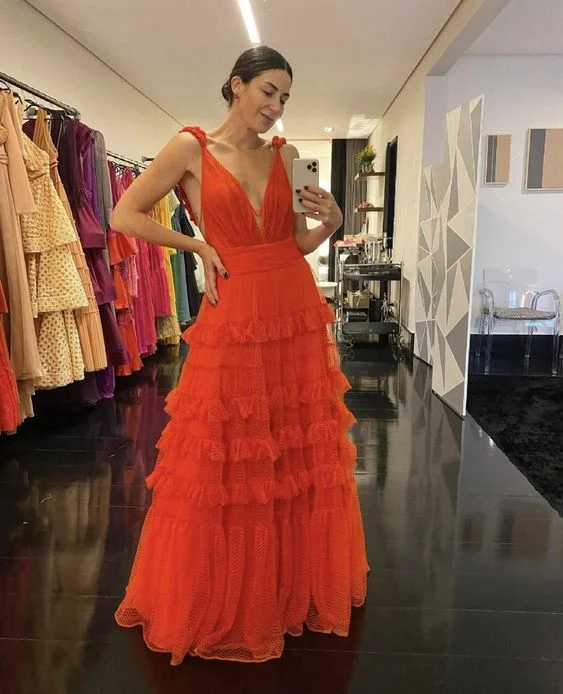 Deep V Neck Orange A Line Prom Dress gh2835