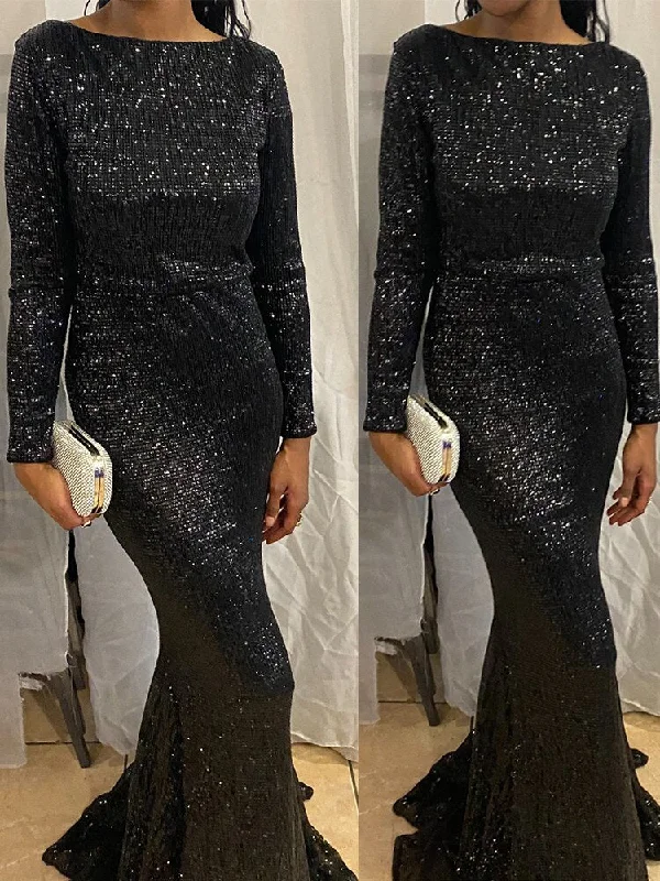 Elegant O Neck Long Sleeve Sequin Evening Night Party Dress Floor Length Stretch Bodycon Prom Dress Gold