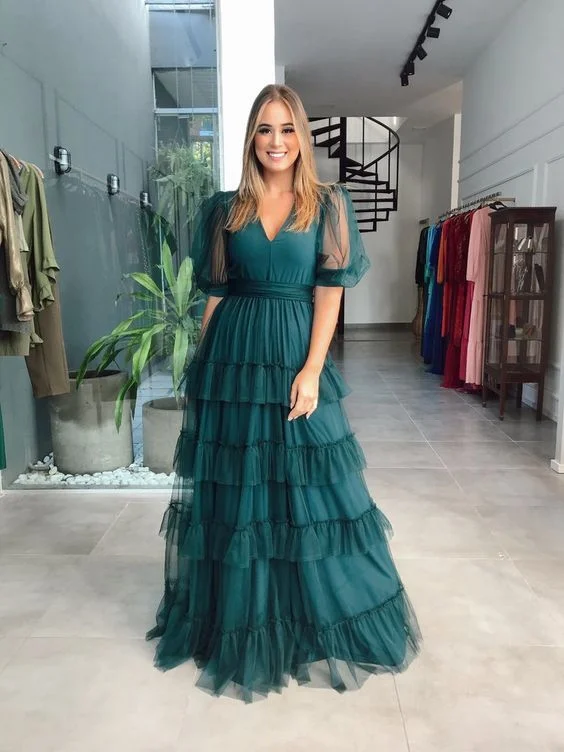 Green Tulle Short Sleeves A Line Prom Dress gh2823