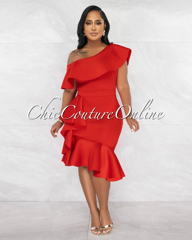 Hadara Red Ruffle Single Shoulder Ponti Midi Dress