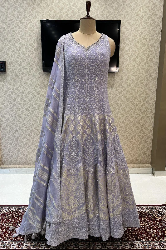Lavender Lucknowi Thread, Sequins, Zari and Banaras work Floor Length Anarkali Suit