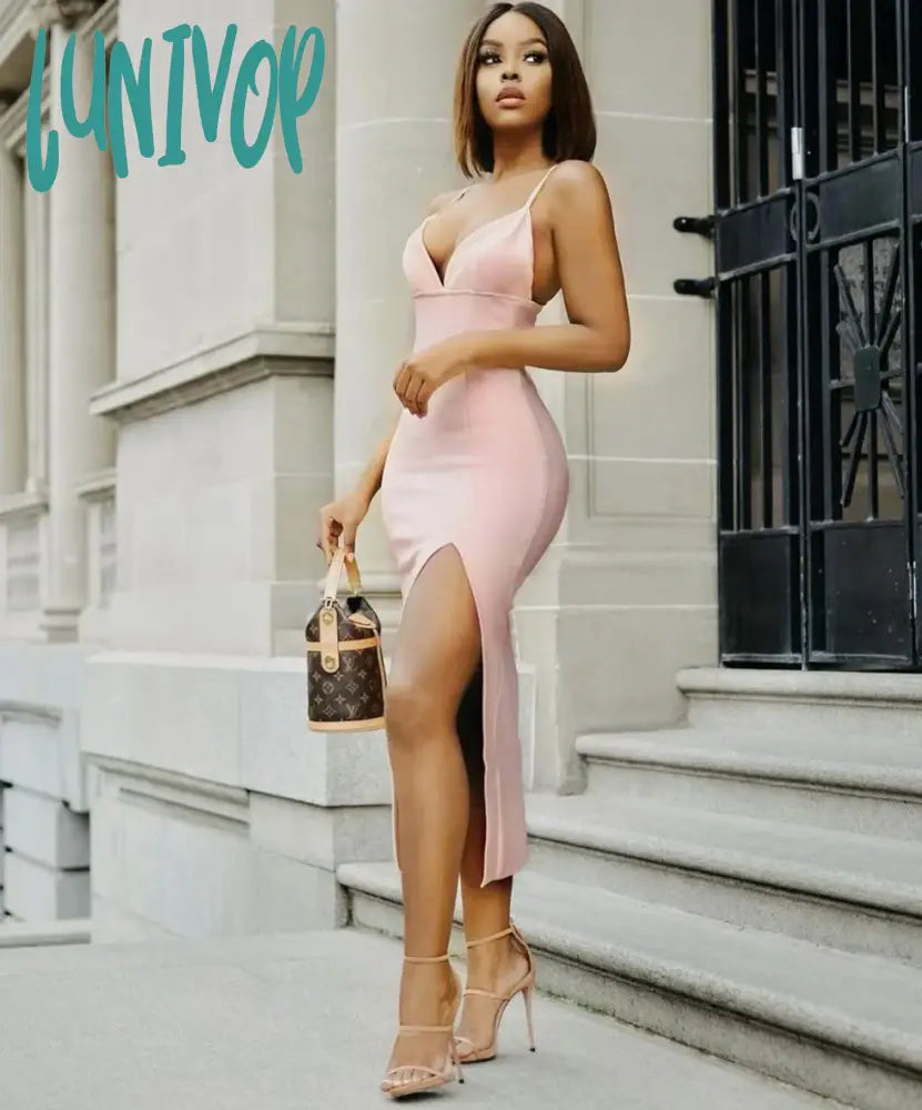 Lunivop 3 Colors Bodycon Bandage Dress Women Summer Sexy V Neck Split Midi White Black Designer Elegant Evening Party Dress Vestido