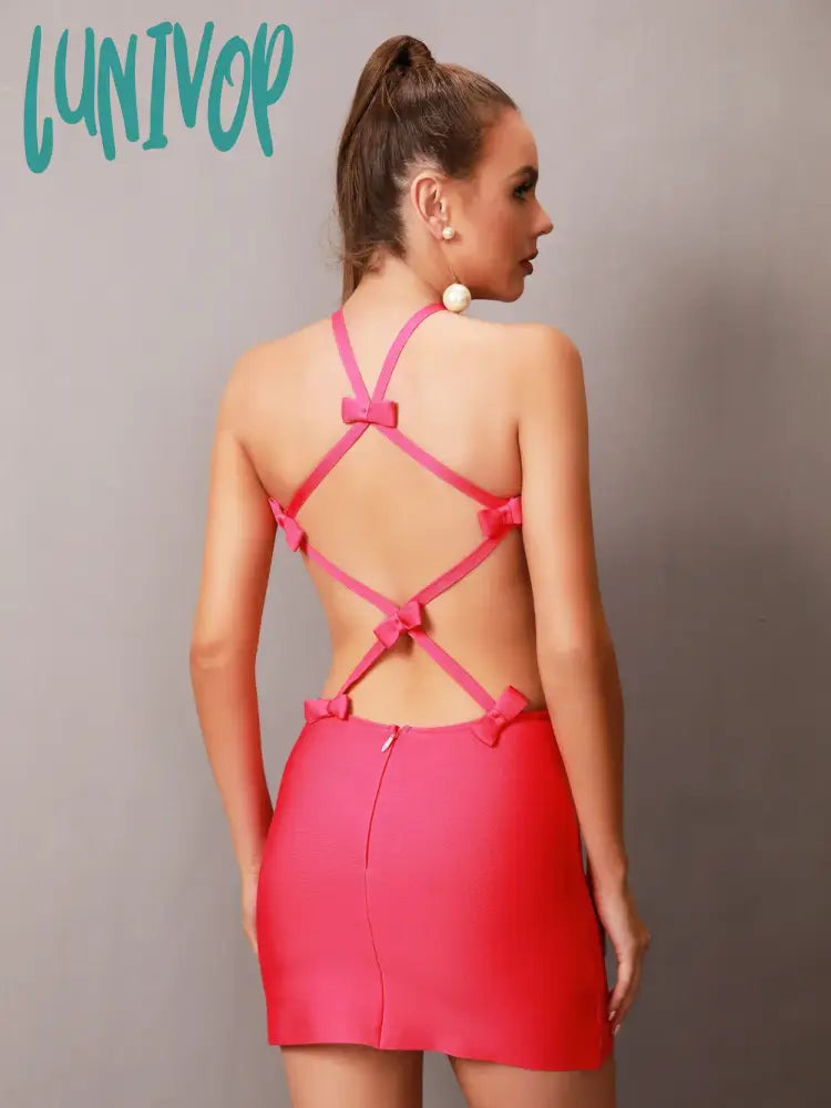 Lunivop 3 Colors Women Summer Sexy Backless Bow Tie Cut Out Mini Bodycon Bandage Dress Elegant Evening Celebrity Party Club Dress