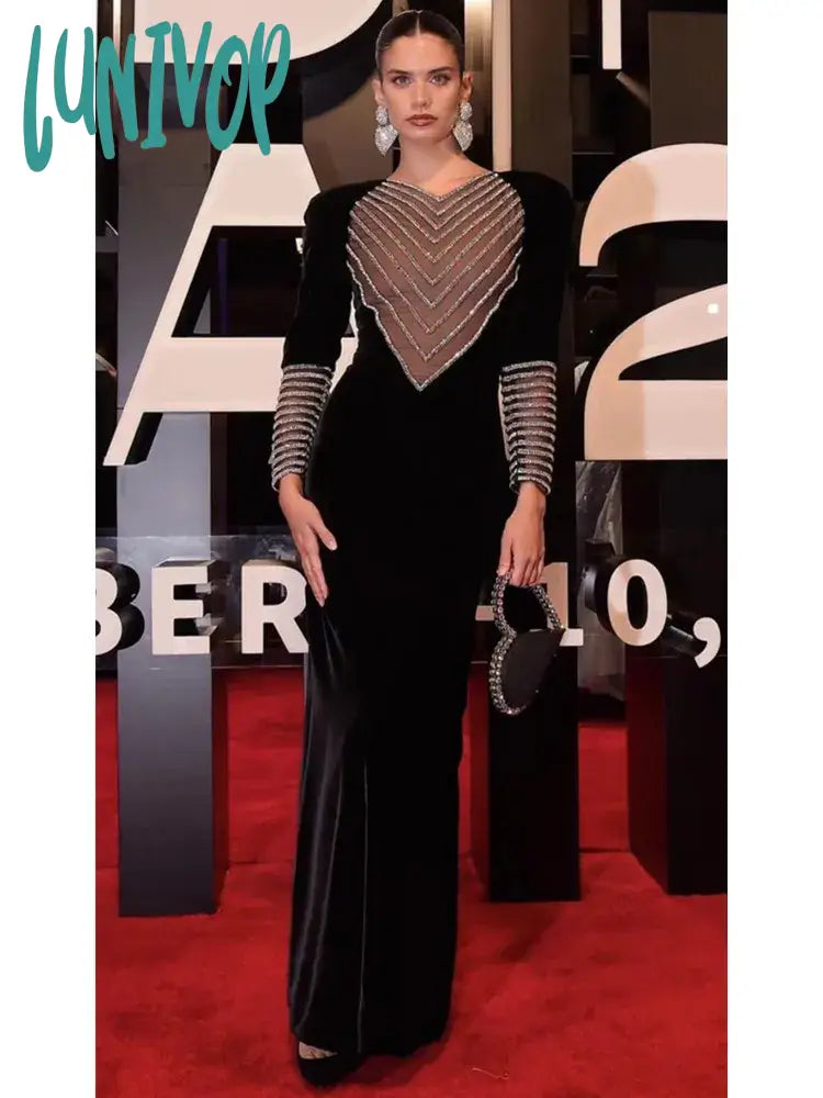 Lunivop Autumn Fashion Women Sexy Long Sleeve Mesh Diamonds Black Maxi Long Bodycon Bandage Dress Elegant Evening Club Party Dress