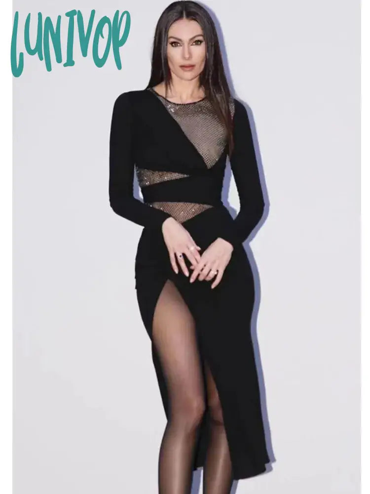 Lunivop Bodycon Bandage Dress  Sexy Long Sleeve O Neck Diamonds Black Mini Women Celebrity Fashion Evening Party Dress Vestido