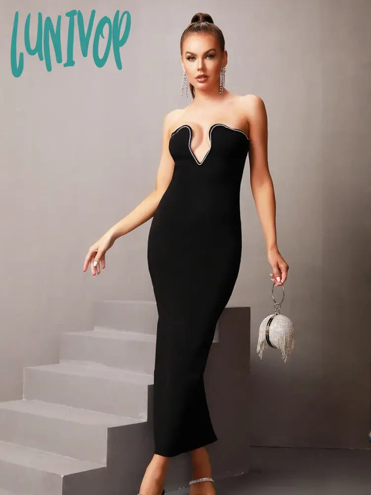 Lunivop Chic Summer Sexy Strapless Diamonds Crystal Black Maxi Long Women Bodycon Bandage Dress  Elegant Evening Club Party Dress
