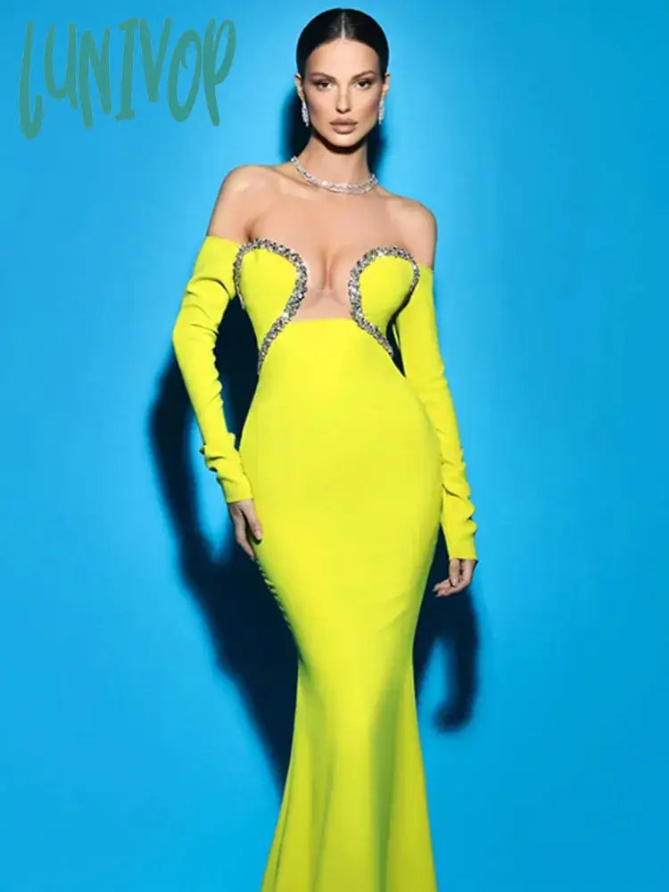 Lunivop Chic Women Celebrity Sexy Off Shoulder Beading Green Maxi Long Bodycon Bandage Dress Elegant Evening Club Party Dress