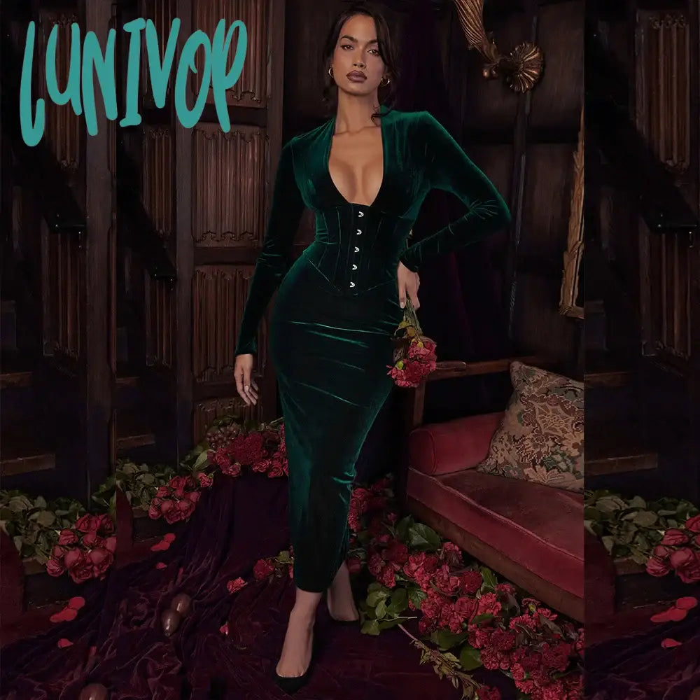 Lunivop Elegant Midi Velvet Prom Dress Vintage Long Sleeve Bodycon Evening Party Dresses Sexy Women Dresses for Women