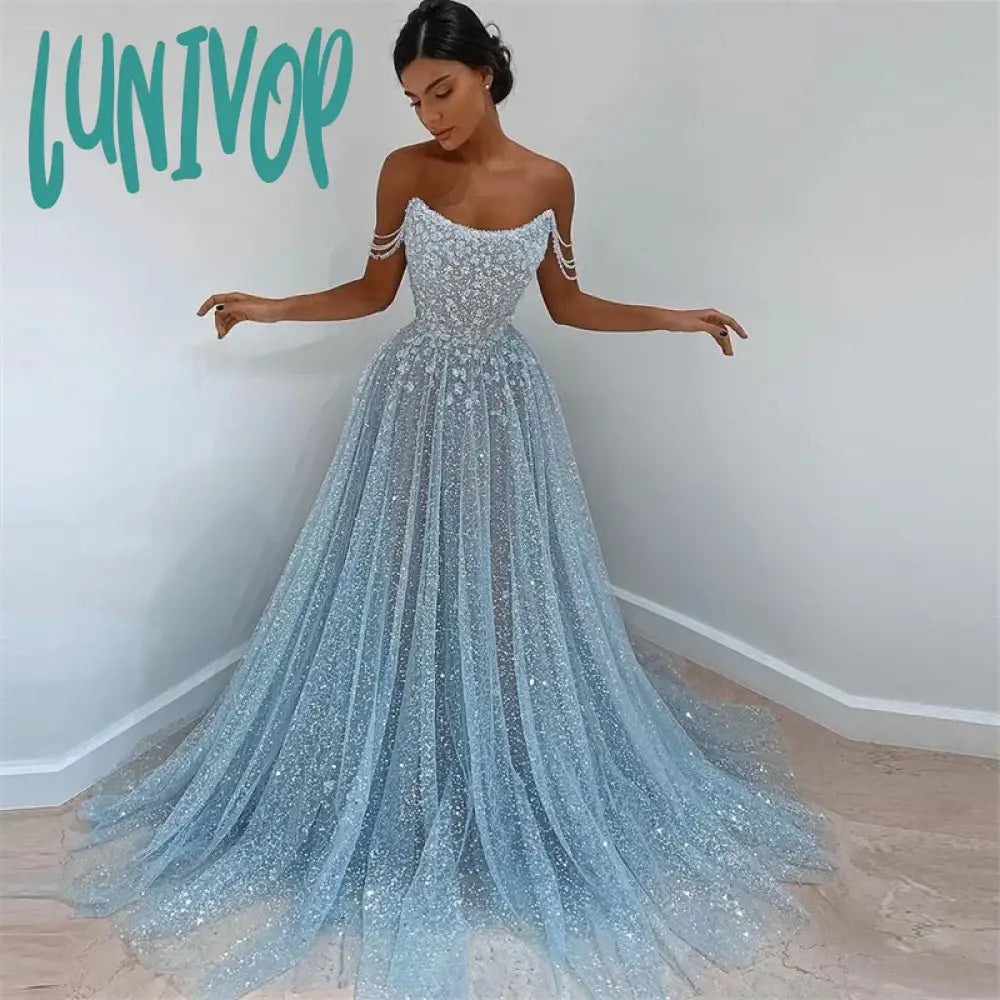 Lunivop Elegant Tulle Shiny Prom Dresses Formal Bagll Gown Off Shoulder Elegant Sleeveless Party Gowns with Pleats 2024 Sale