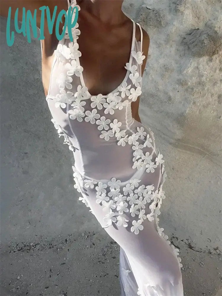 Lunivop Floral White Dress For Women See-Through Maxi Bodycon Dress Summer Lace Chiffon Wedding Party Night Vestidos Cover-up
