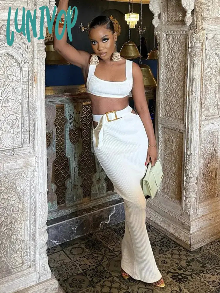 Lunivop Hot Women Summer Sexy Tank Beige Belt Maxi Long Bodycon Bandage Skirt Set Knitted Elegant Evening Club Party Dress