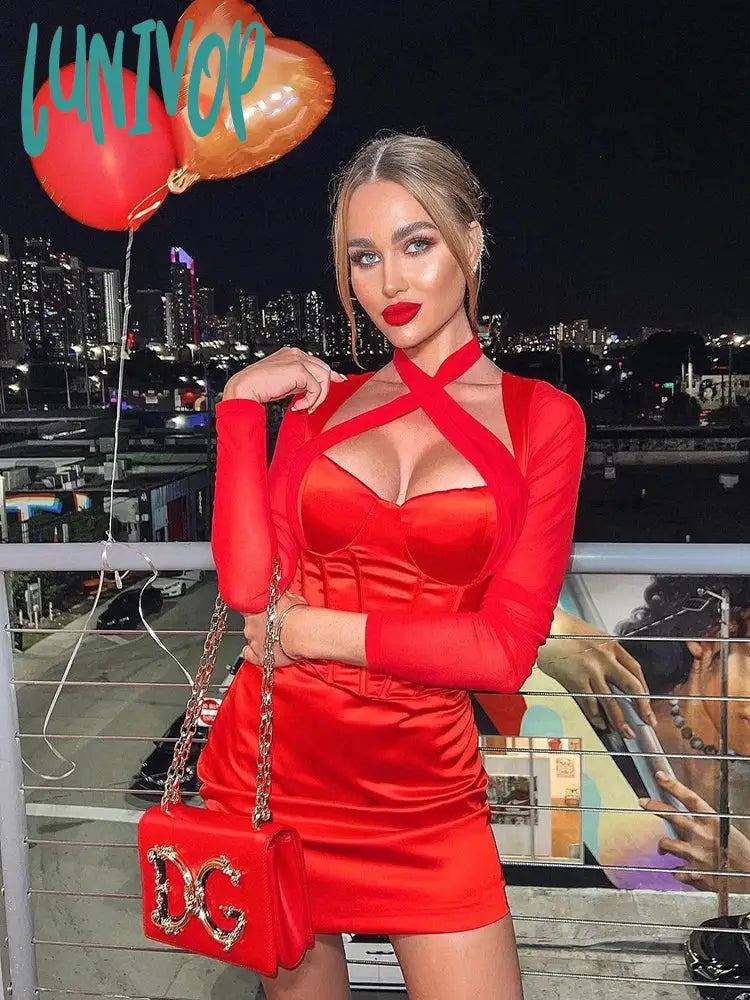 Lunivop Long Sleeve Bodycon Dress Sexy Birthday Evening Night Party Dresses Mesh Cross Mini Dresses Women Summer