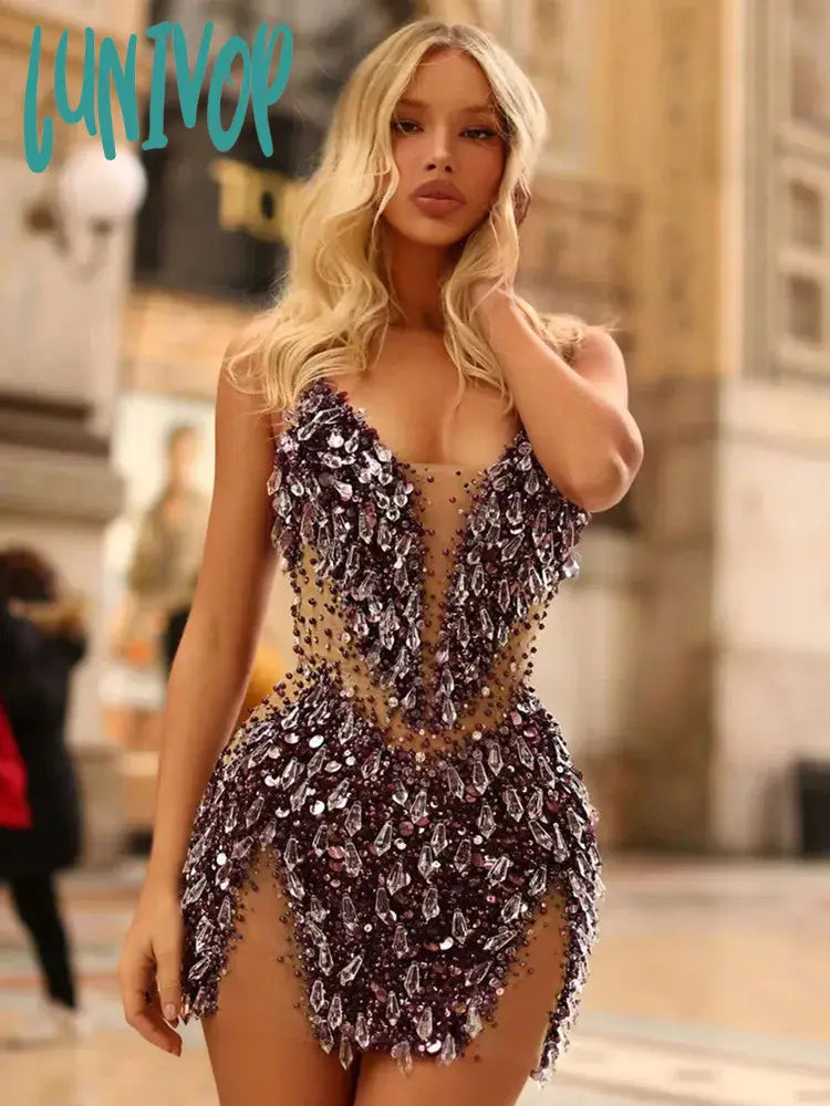 Lunivop Luxury Women Sexy V Neck Beading Crystal Mesh Sequins Mini Bodycon Dress Elegant Evening Party Club Dress