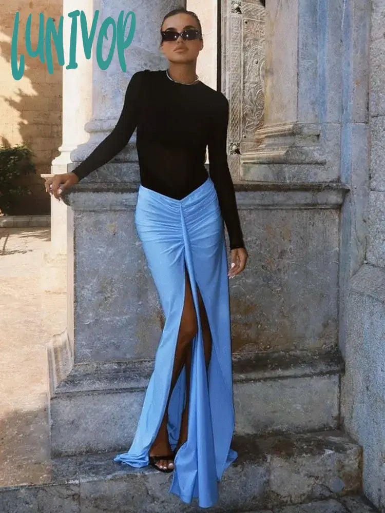 Lunivop Luxury Women Summer Sexy Long Sleeve Mesh Black Blue Mermaid Bodycon Skirt Set Elegant Evening Club Party Outfits