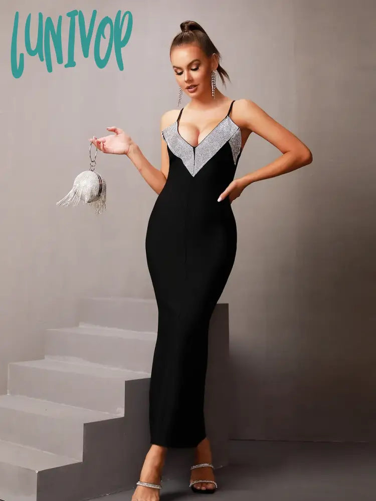 Lunivop Luxury Women Summer Sexy V Neck Diamonds Sparkly Black Maxi Long Bodycon Bandage Dress Elegant Evening Club Party Dress