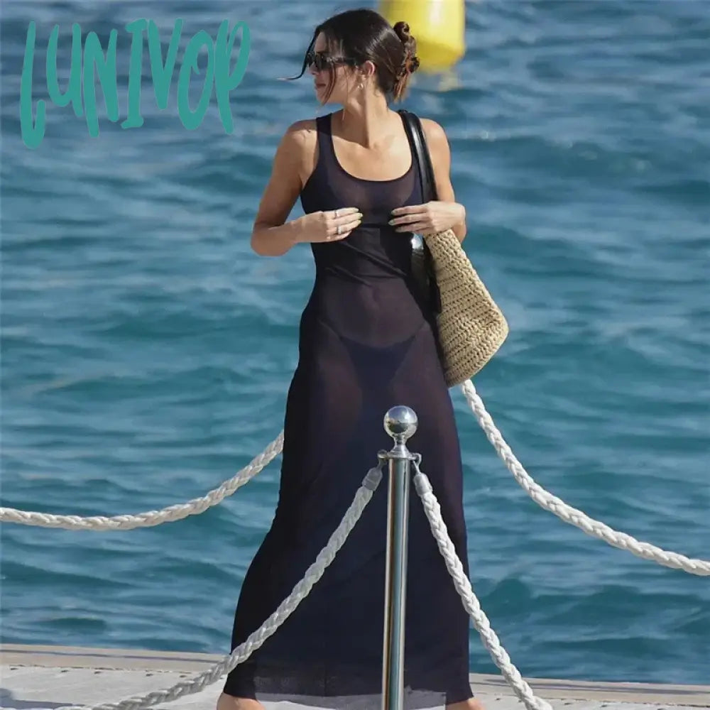 Lunivop Mesh Sexy See Through Beach Dress Summer Women Holiday Straps Sleeveless Maxi Bodycon Dresses Evening Party Outfits Sexy Dress