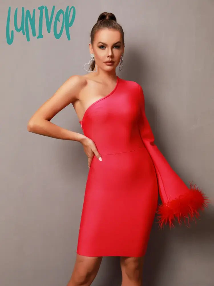 Lunivop New Arrival Women Summer Sexy One Shoulder Feather Hot Pink Mini Bodycon Bandage Dress  Elegant Evening Club Party Dress