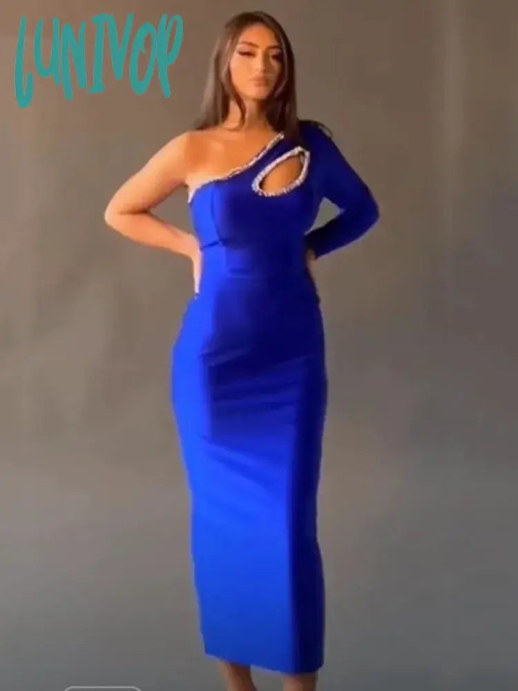 Lunivop New Bodycon Bandage Dress Sexy One Shoulder Diamonds Blue Maxi Long Women Celebrity Fashion Evening Party Dress Vestido