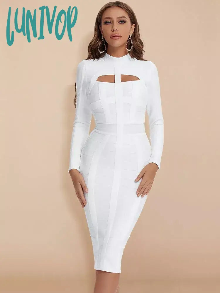 Lunivop New Fashion Women White Bodycon Bandage Dress Long Sleeve Sexy Hollow Out Night Club Celebrity Evening Party Prom Vestidos