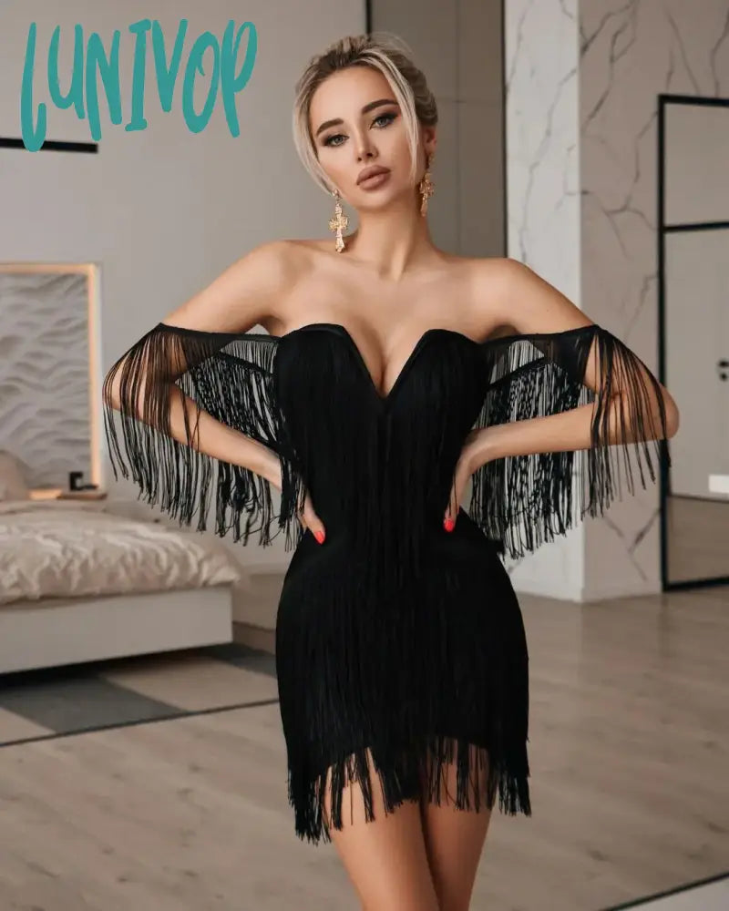 Lunivop New Sexy Tassel Bodycon Black Bandage Dress Vestidos Femininos Elegante Knitted Evening Party Night Cocktail Prom Summer Dresses
