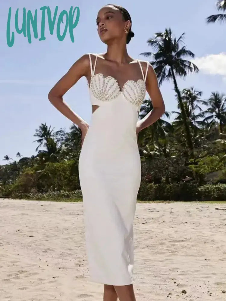 Lunivop New Summer Fashion Women Sexy V Neck Beading White Black Bodycon Midi Bandage Dress Elegant Evening Club Party Dress