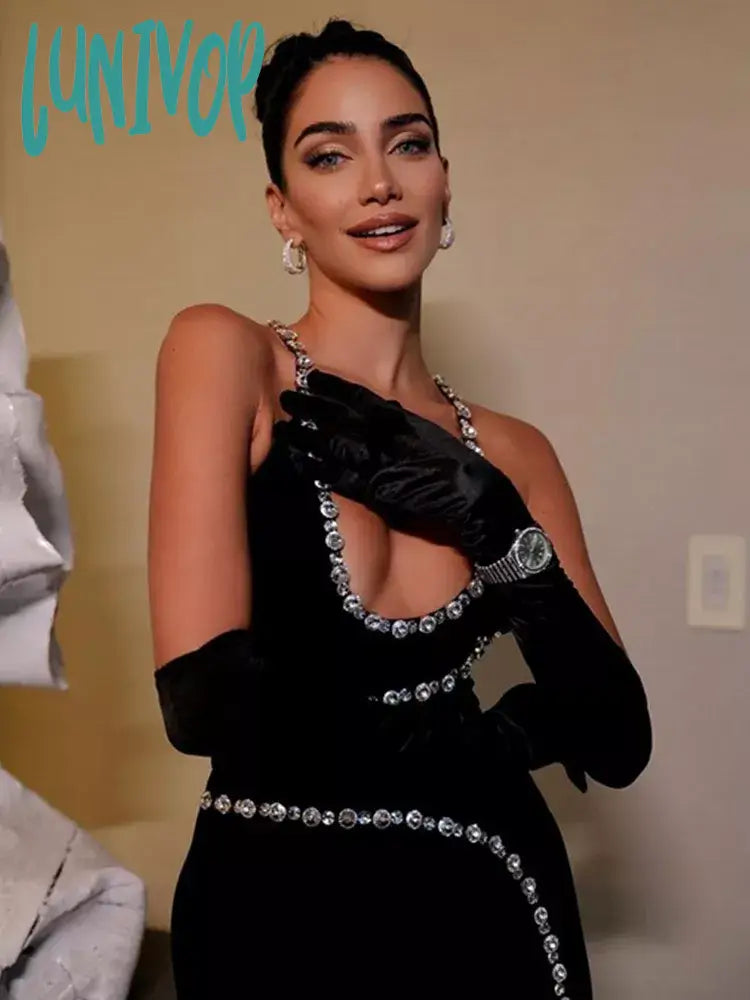 Lunivop New Women Luxury Sexy Backless Sequined Sparkly Split Black Midi Bodycon Bandage Dress Elegant Evening Club Party Dress