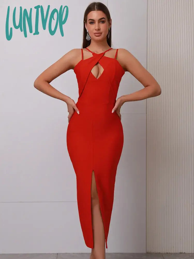 Lunivop Newest Women Celebrity Sexy V Neck Key Hole Red Black Midi Bodycon Bandage Dress  Knitted Elegant Evening Club Party Dress