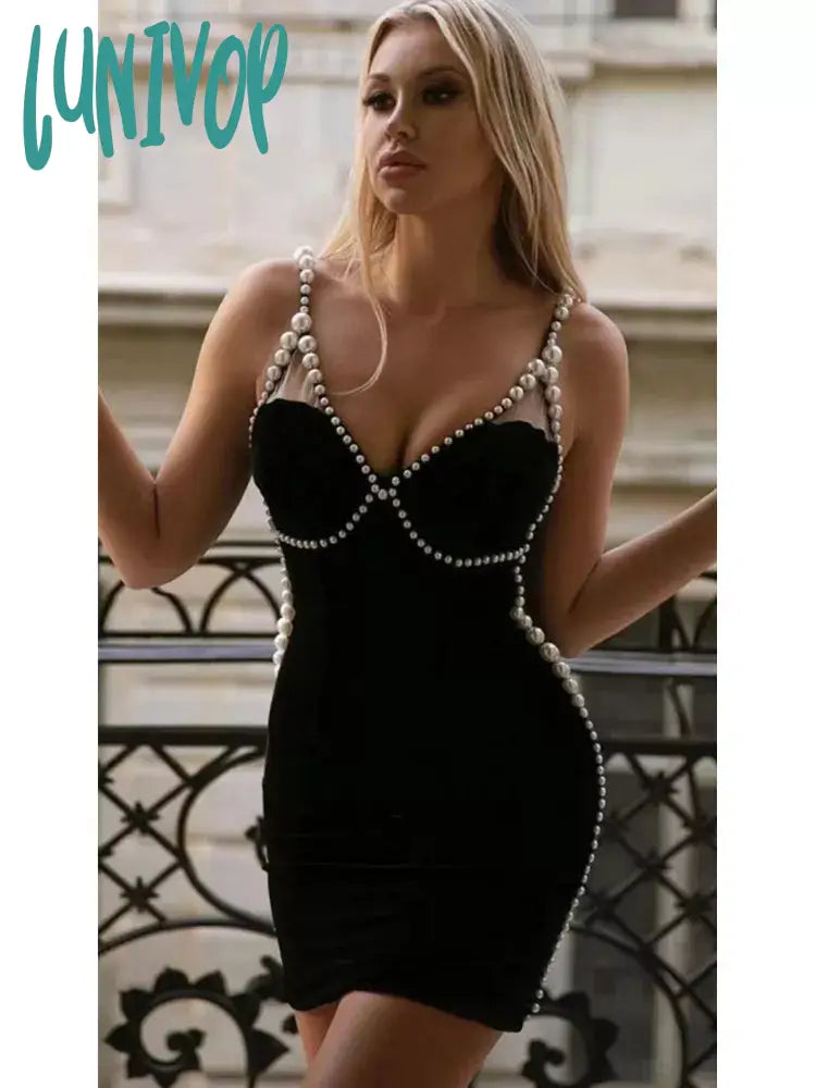 Lunivop Newest Women Summer Style Sexy Sleeveless V Neck Pearl Black Mini Bodycon Bandage Dress Elegant Evening Party Dress