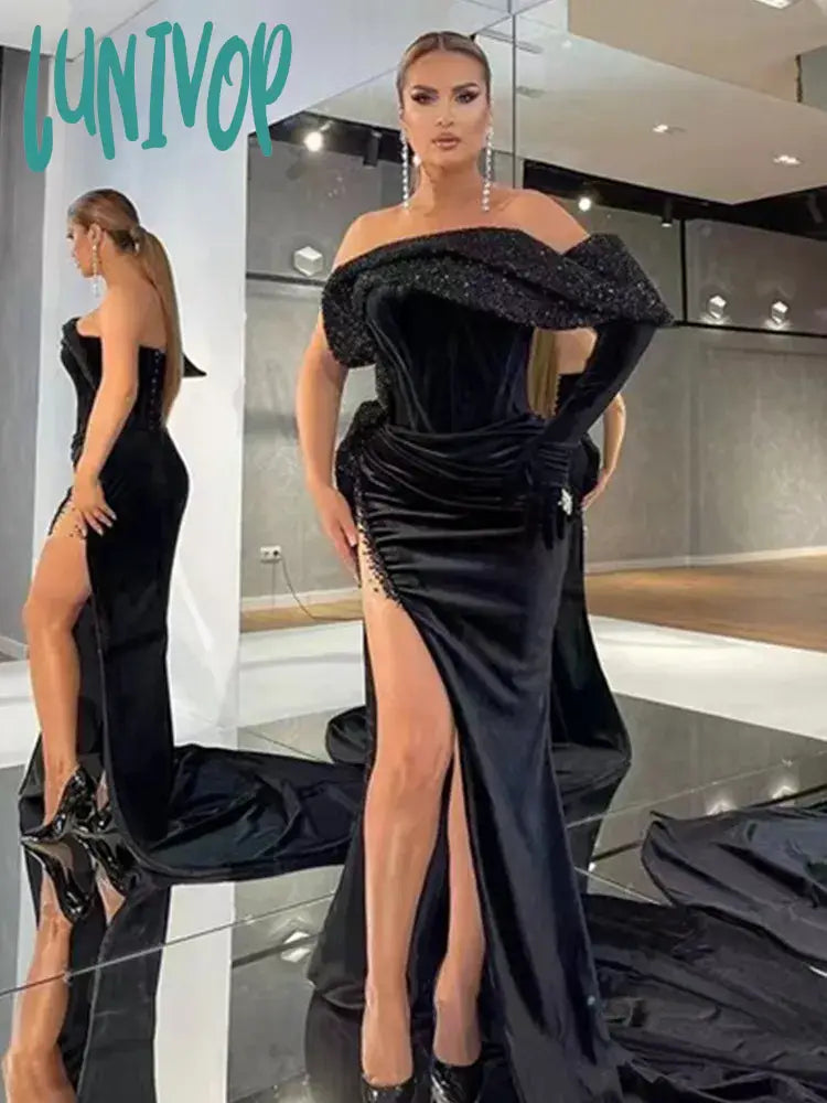 Lunivop Newest Women Winter Sexy Off Shoulder Glitter Velvet Black Maxi Long Bodycon Dress Elegant Party Evening Wedding  Dress
