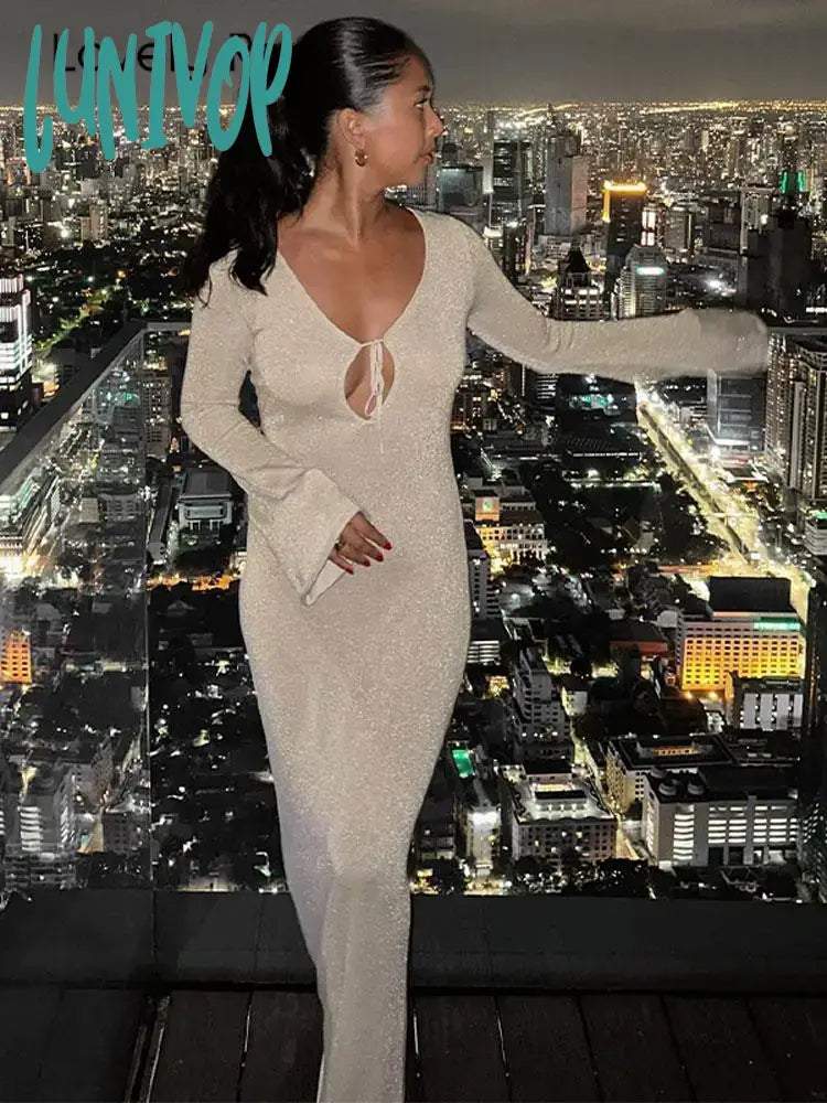 Lunivop Ribbed Long Sleeve Lace Up V Neck Maxi Dress Women Solid Low-Cut Tie-Up Bodycon Dresses Autumn Sexy Evening Party Vestidos