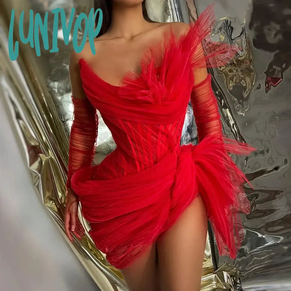 Lunivop Sexy Asymmetrical Mini Cocktail Dresses with Gloves Ruched Strapless Short Women Cocktail Party Dresses to Birthday Prom Red New