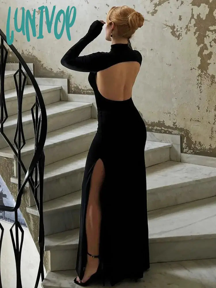 Lunivop Side Slit Back Dress Women Sexy Backless Temperament Long Sleeve Dresses Lady Party Elegant Bodycon Evening Dress Woman