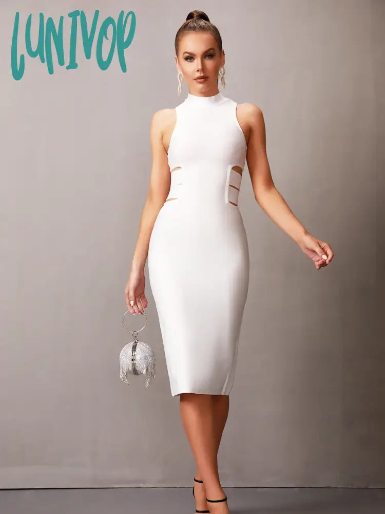 Lunivop Solid Nude Women Summer Sexy Turtleneck White Cut Out Midi Bodycon Bandage Dress  Elegant Evening Party Dress